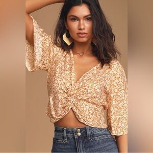 Lulus Sage Floral Twist-Front Blouse in Cream and Mustard